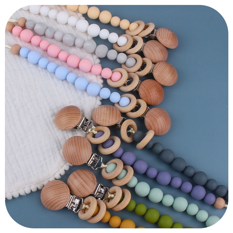 Wood Baby Pacifier Clips Silicone Beads Pacifier Chains Infant Nipple Appease Soother Chain Clips Dummy Holder Nipple Clips Gift
