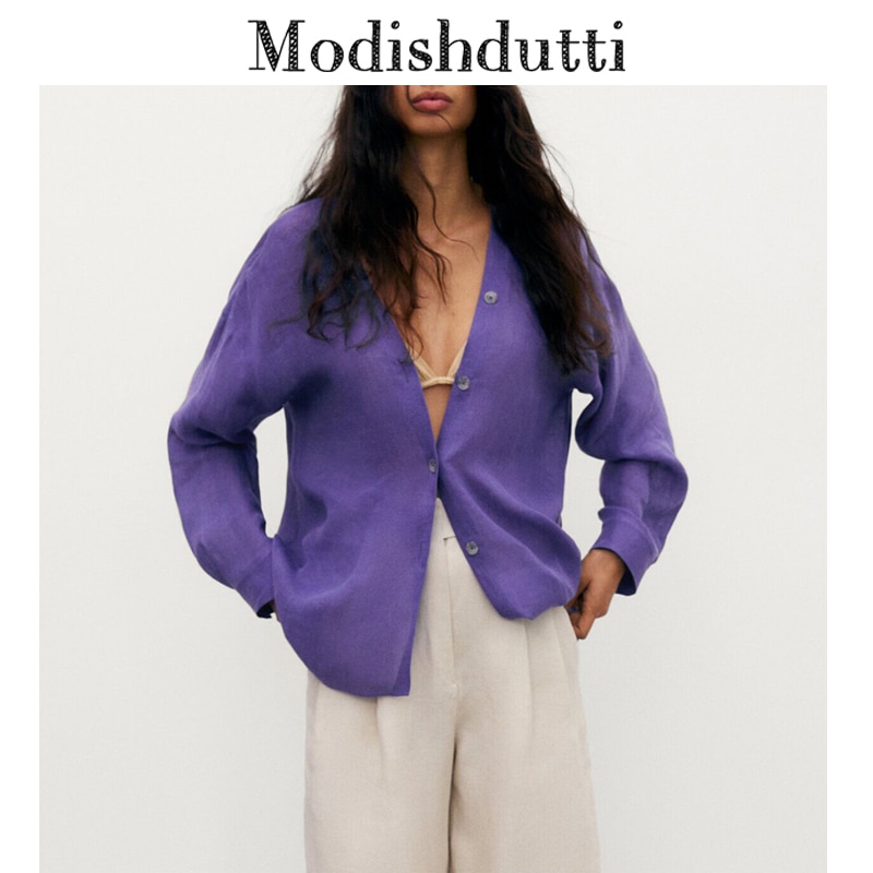 Modishdutti High Quality 2022 Spring Autumn Chic Linen V-Neck Blouses Women Casual Solid Loose Long Sleeve Shirt Tops Female