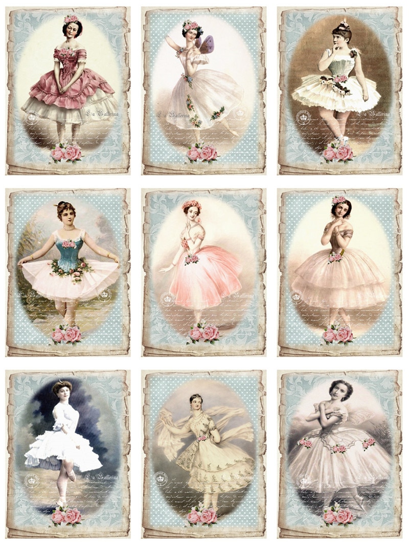 9Pcs/Pack Retro French Ballet Girls Vintage Sticker DIY Craft Scrapbooking Album Junk Journal Decorative Stickers