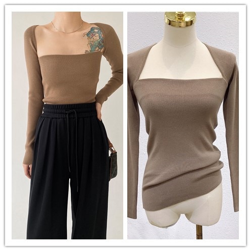 Spring Square Neck Khaki Color Women Knit Sweater Tops Tees Ruched Folds Fall Style Lady Sheath T-Shirts Pullovers