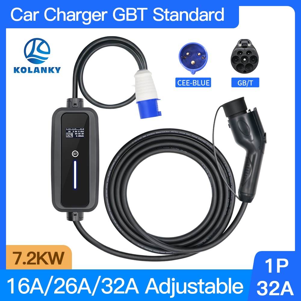 EV Car Charger GBT Plug 32A 7.2KW 5m Cable Single Phase EVSE Charging Electric Vehicle Charger Schuko Plug GBT Standard