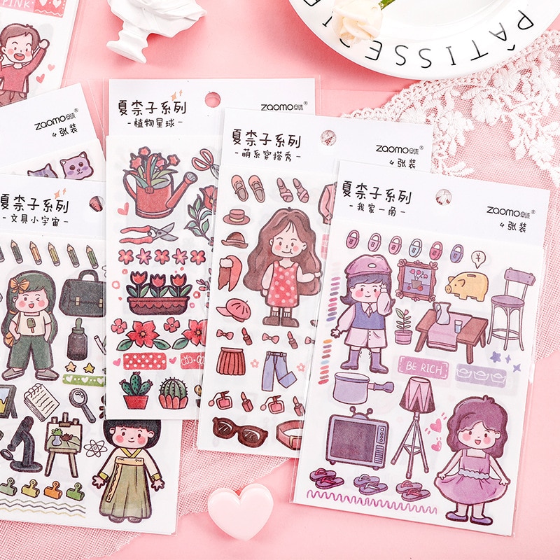 4 Sheets Kawaii Washi Stickers Pack Cute Cartoon Diy Sticker Decal Pack For Journaling Scrapbooking Kids Diy Crafts Notebook