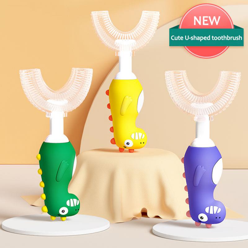 Dinosaur Baby Toothbrush Children 360 Degree U-shaped Toothbrush Children Teeth Oral Care Soft Silicone Toothbrush 2-12Y