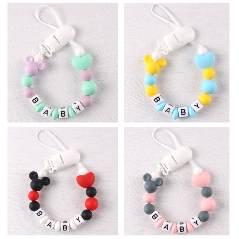Handmade Personalised Name Mickey Silicone Baby Pacifier Clips Chain DIY Soother Chain Newborn Dummy Holder Baby Shower Gift