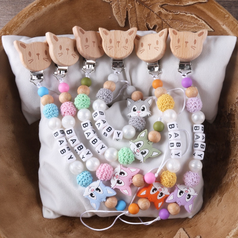 Personalized Name Pacifier Chain Beech Wood Cat Clip Chains Baby Teether Pacifier Anti-Drop Chain Custom Baby Name Gifts