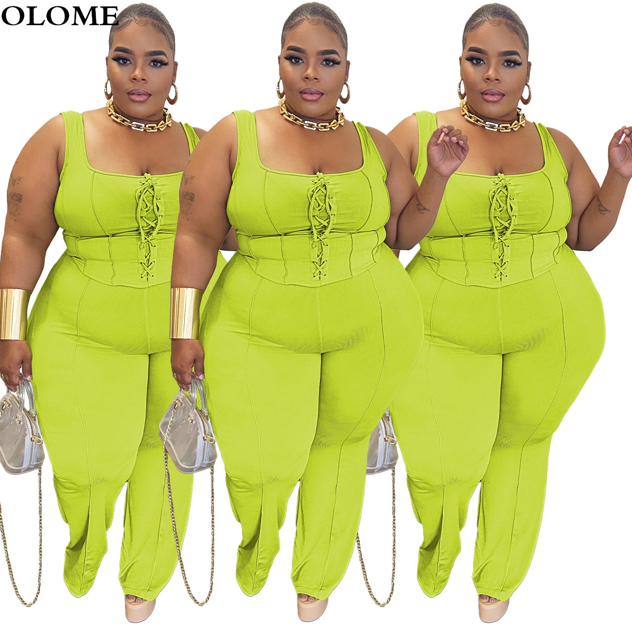 Green Women Two Pieces Pants Set Lace-up Sleeveless Vest Tops Big Size 4XL Summer Casual Tracksuit Sport Clothes