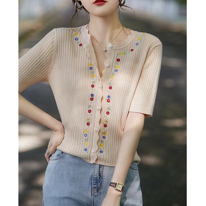 French elegant cardigan short-sleeved women's embroidered T-shirt with wavy round collar thin temperament loose ice top