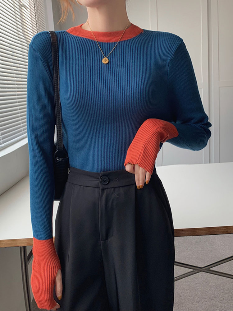 Women Knitting Sweaters Autumn Winter Patchwork Vintage Pullover Femme Round Neck Slim Sweater Mujer 2022 Basi Long Sleeve Top