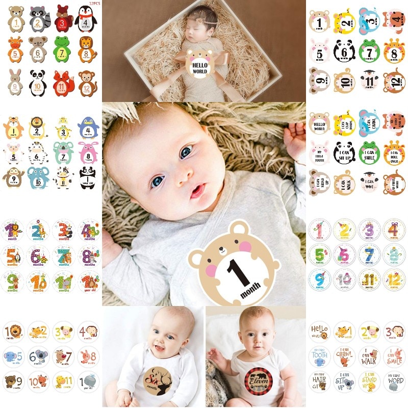 12Pcs Animal Month Sticker Baby Photography Commemorative Card Number Milestone Memorial Sticker Newborn Baby Photo Props