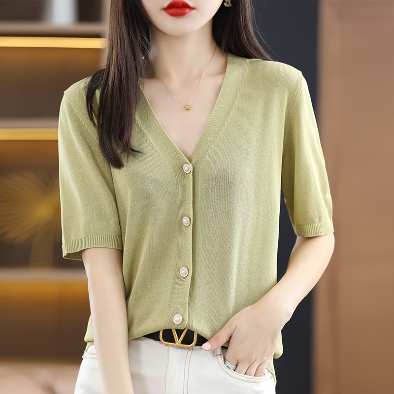 Knitted Cardigan Short-Sleeved T-Shirt Women's Sweater Summer Vneck Thin Section Linen Ice Silk Cool Breathable Simple Loos