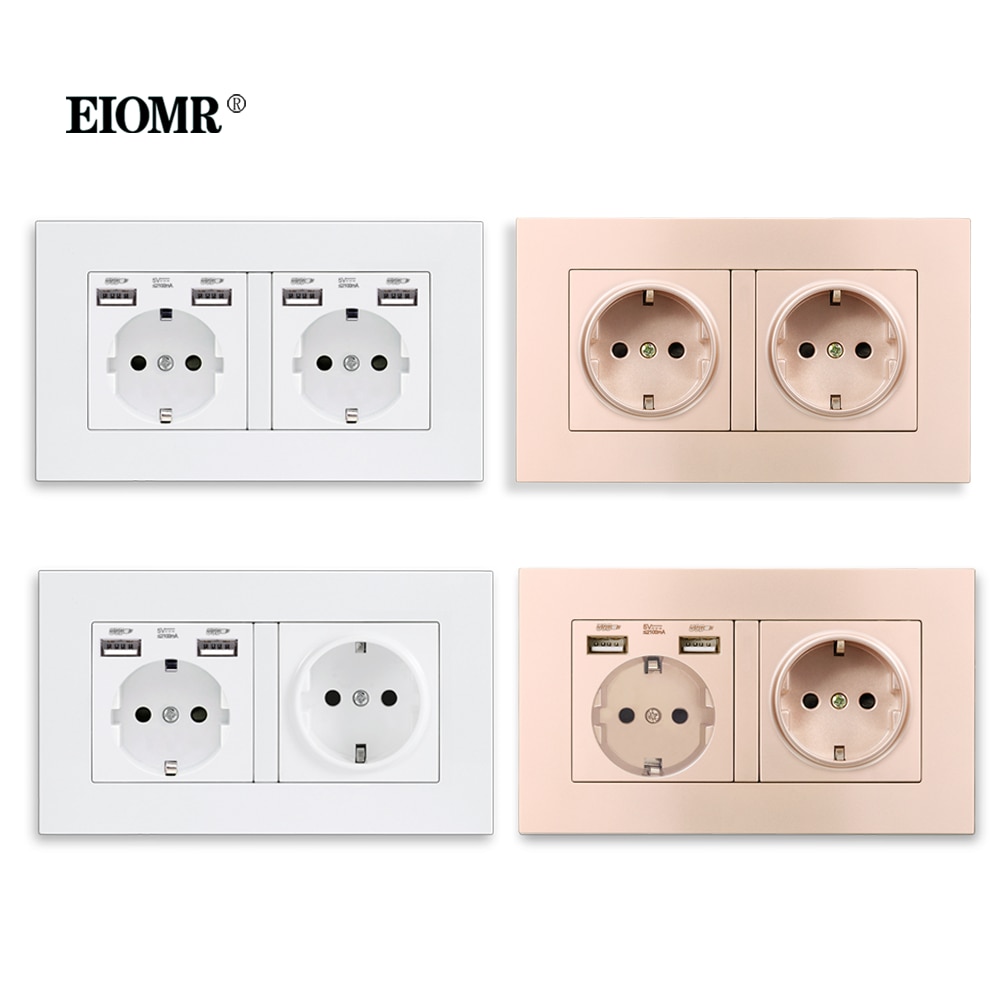 EIOMR EU Wall USB Double Socket White Quality Plastic Panel 5V 2.1A with Usb Ports 146MM*86MM Russia Korea Standard Power Outlet