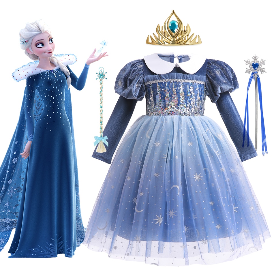 Disney Frozen Elsa Winter Cosplay Costume for Girls Princess Party Queen Sequin Vestido Kids Carnival Velvet Frocks Clothing