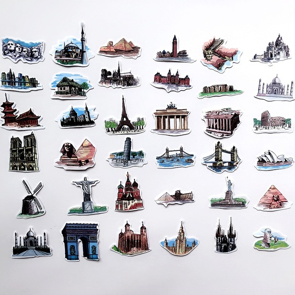 35/50/64Pcs World Famous Building Landmark Stickers Decal For Travel Luggage Laptop Guitar Skateboard Car Graffiti Sticker Toy