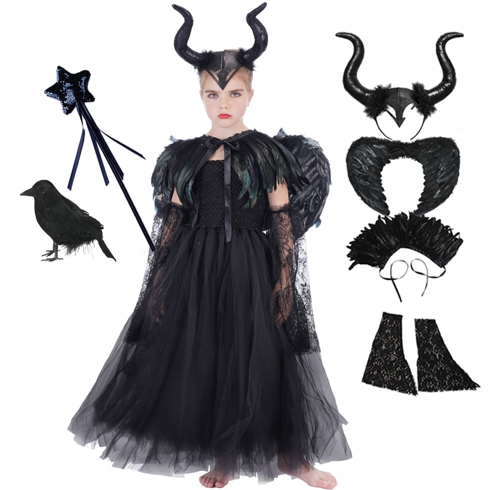 DISNEY Maleficent Evil Dark Queen Halloween Christmas Girl Costume Deluxe Black Glam Dresses Kids Ball Gown Robe Cosplay Clothes