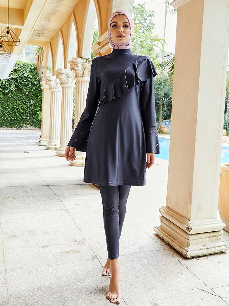 3 Piece Swimsuit Ruffle Sleeve Islamic Long Sleeve Swimwear jilbab Muslim Women Clothing Sportswear Running Swimsuit Set Ramadan
