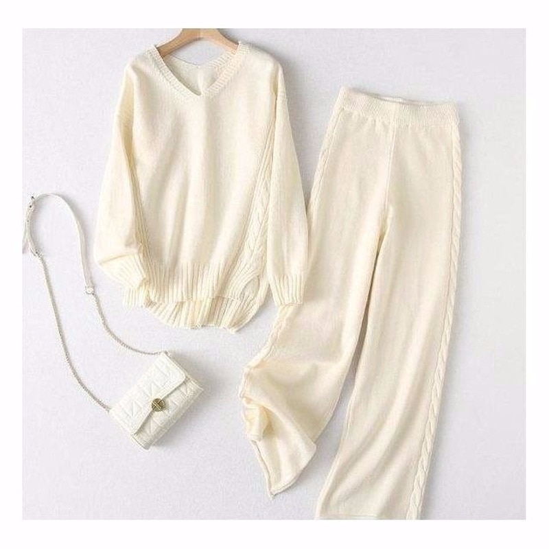 Pullover Sweater set female Autumn V-neck front short back long sleeve v neck casual two piece of pullover sweater female tops