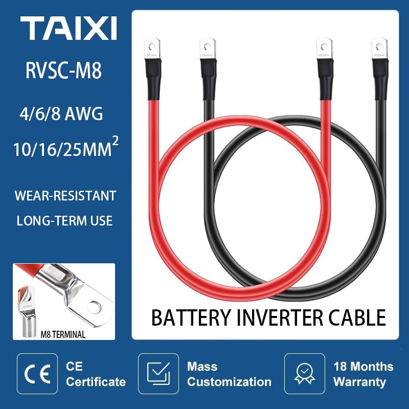 12V 24V 48V 72V RV Battery Inverter Connction Cable M8 Terminals Battery Copper Wire Cable 8/6/4 AWG Inverter Car Battery UPS