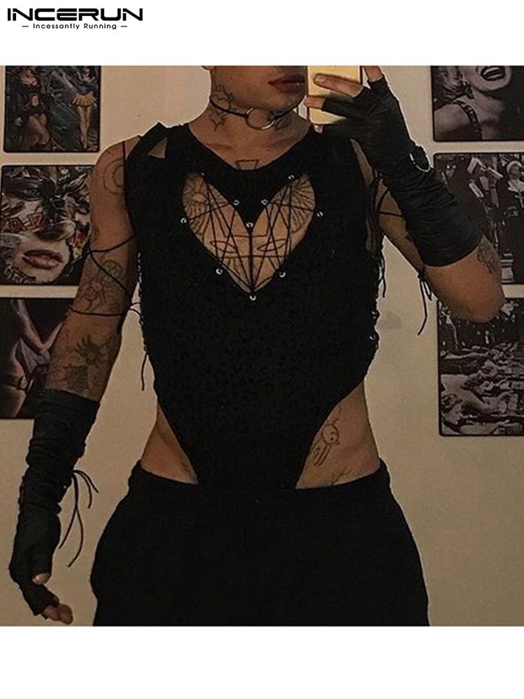 Men Bodysuits Leopard Print Hollow Out 2023 Sexy Mesh Transparent Lace Up Rompers Sleeveless Bodysuit Underwear S-5XL INCERUN