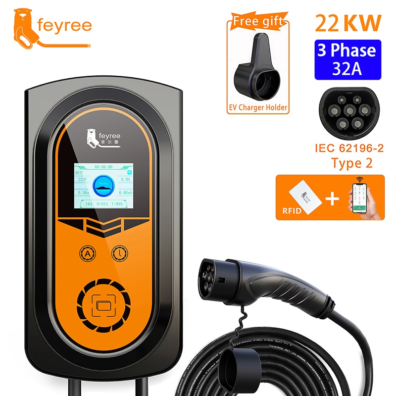 feyree 32A 22KW EVSE Wallbox Type2 Cable 3Phase EV Car Charger Plug Charging Station for Electric Vehicle Wifi APP Control RFID