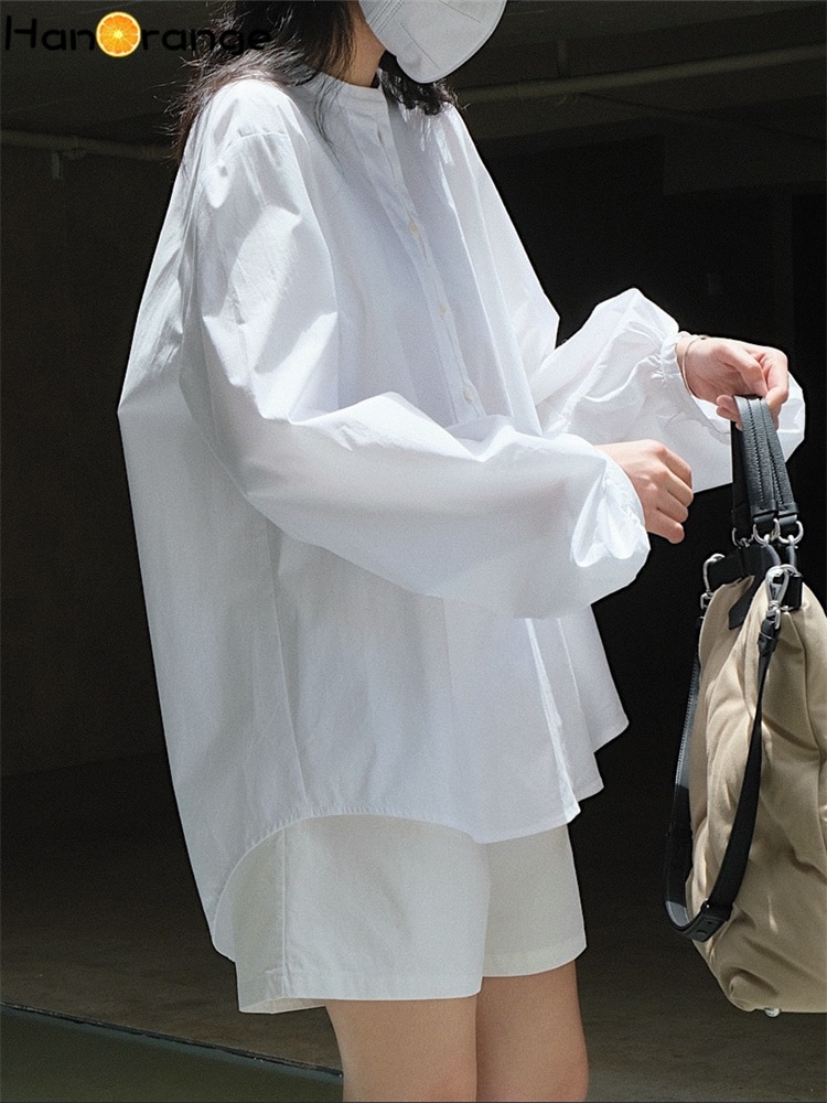 HanOrange 2022 Early Autumn Casual Air Feeling Blouse Women Profile O-Neck Loose Lantern Sleeve Top Female White