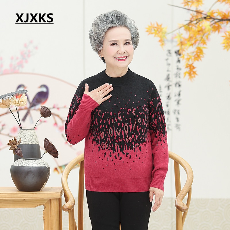 XJXKS 2022 Winter New Thickened Half Turtleneck Women's Sweater Middle-aged And Elderly Mother's Wool Knitted Pullover