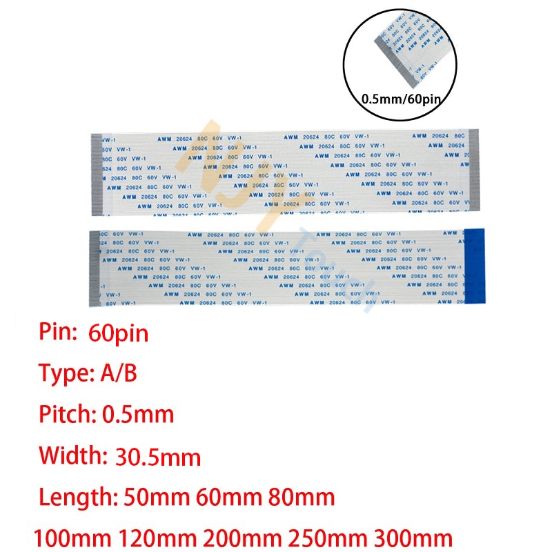 60Pin 0.5mm Pitch FFC FPC AWM 20624 80C 60V VW-1 A B Type Flat Flexible Cable 60/100/150/200/250/300/400mm