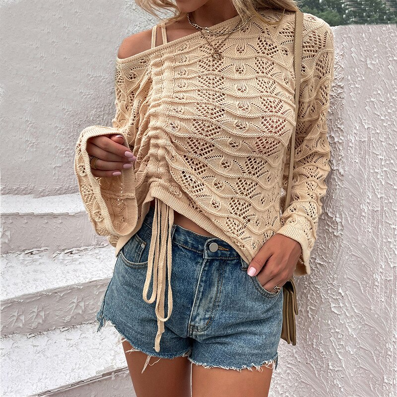 2022 Autumn Women Sweaters Flare Sleeve Sexy Bandage Hollow Out Lace Up Solid Color Casual Loose Beach Female Pullovers C3901