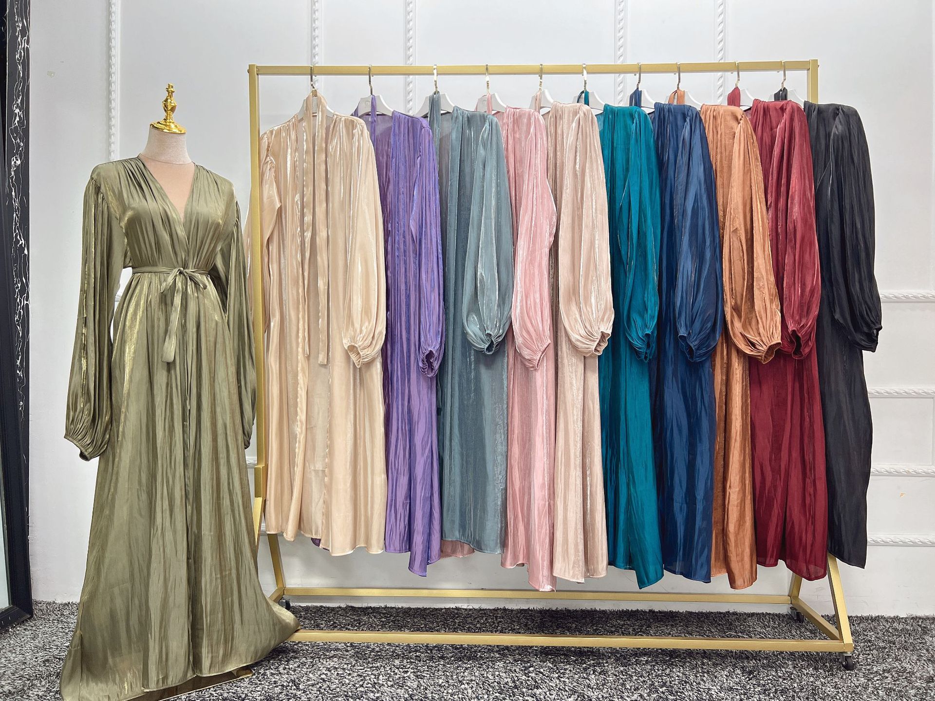 Bubble Sleeve Cardigan Muslim Dress 2022 Dubai Elegant Dress Simulated Silk Fashion Vestidos Largos Islamic Women Dress
