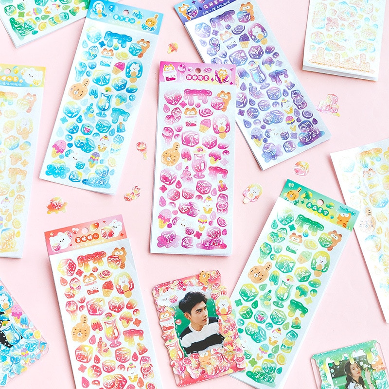 MOHAMM 2 Sheets Shiny Summer Ice Cube Stickers for Card Photo Decorative Frames Craft Collage Daily Life Decoration