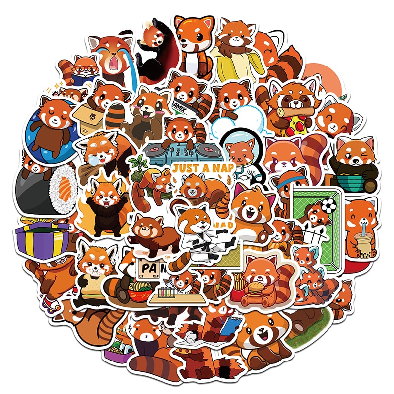 50 Pcs Cute Red Panda Graffiti Decorate Luggage Notebook Waterproof Sticker Cute Red Panda Doodle Stickers