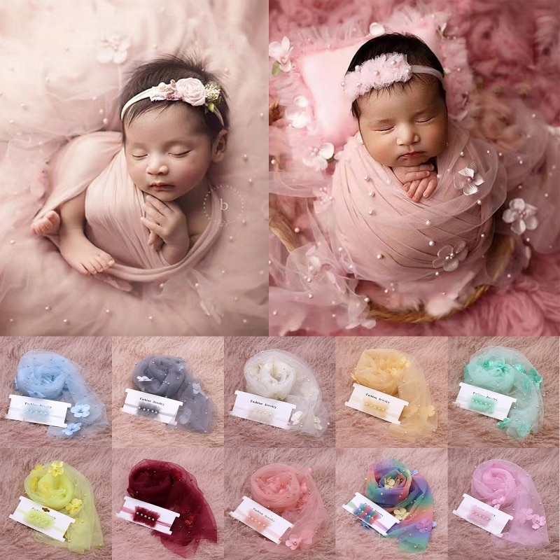 2Pcs Newborn Baby Photography Props Long Wrap Chiffon Beads Flower Decoration DIY Girl Boy Photo Props Blanket with Headbands