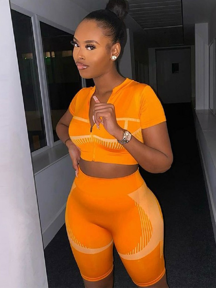 Activewear Orange Print 2 Piece Sets Zipper Front Short Sleeve Slim Crop Tops and High Waist Stretchy Short Lady Streetwear Suit