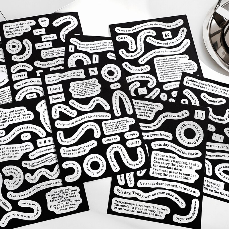 2 Sheets Paper Black White English Decorative Stickers for Scrapbooking Diary Planners Material DIY Collage Journal Stationery