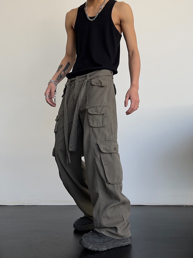 High street retro casual large pocket overalls men's and women's new summer high waist loose straight tube draped wide