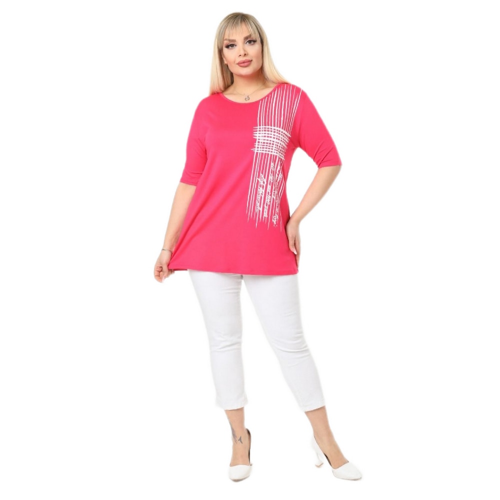 Fierte Women Plus Size Blouse Bk22145 Round Collar Short Sleeve Print Pattern Spring Summer Casual Slim Elastic