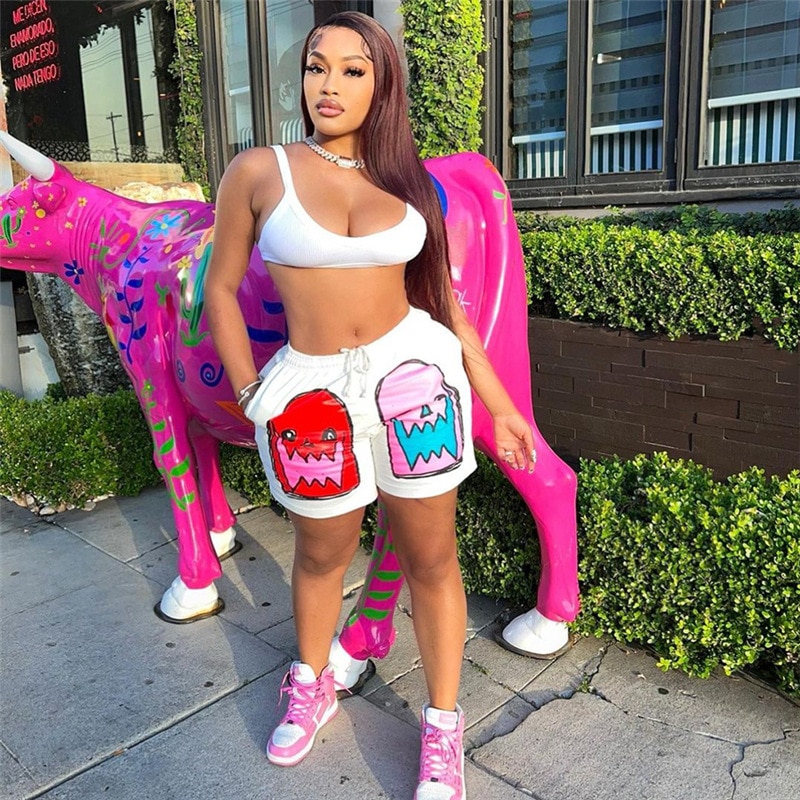 Cartoon Print Tracksuit Women 2022 Summer Trend Backless Sleeveless Tank Top+Biker Shorts 2 Piece Matching Outfits