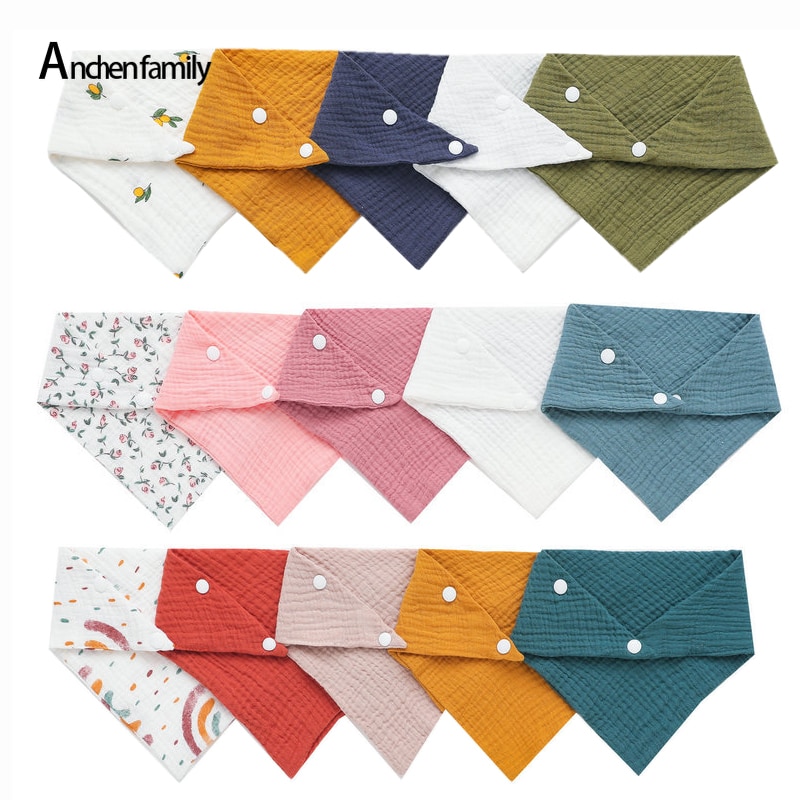 5/Pcs Feeding Drool Bibs Solid Color Cartoon Snap Button Soft Triangle Towel Baby Bibs Cotton Accessories Newborn Baby Bibs