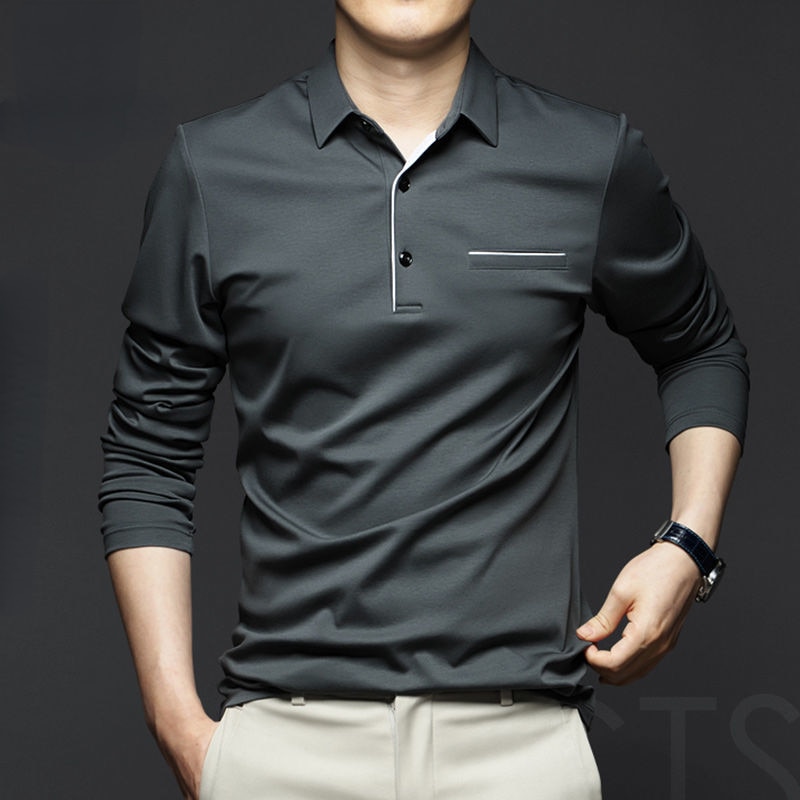 Spring Autumn Long Sleeve Solid Color Men's Polo Shirts Fashion Turn Down Collar Business Casual Man Tops Male Clothing E36