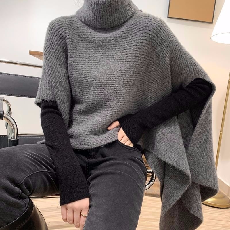 Irregular design sense shawl long sleeve turnltneck solid Korean pullover high -necked fashion knitting sweater female tops