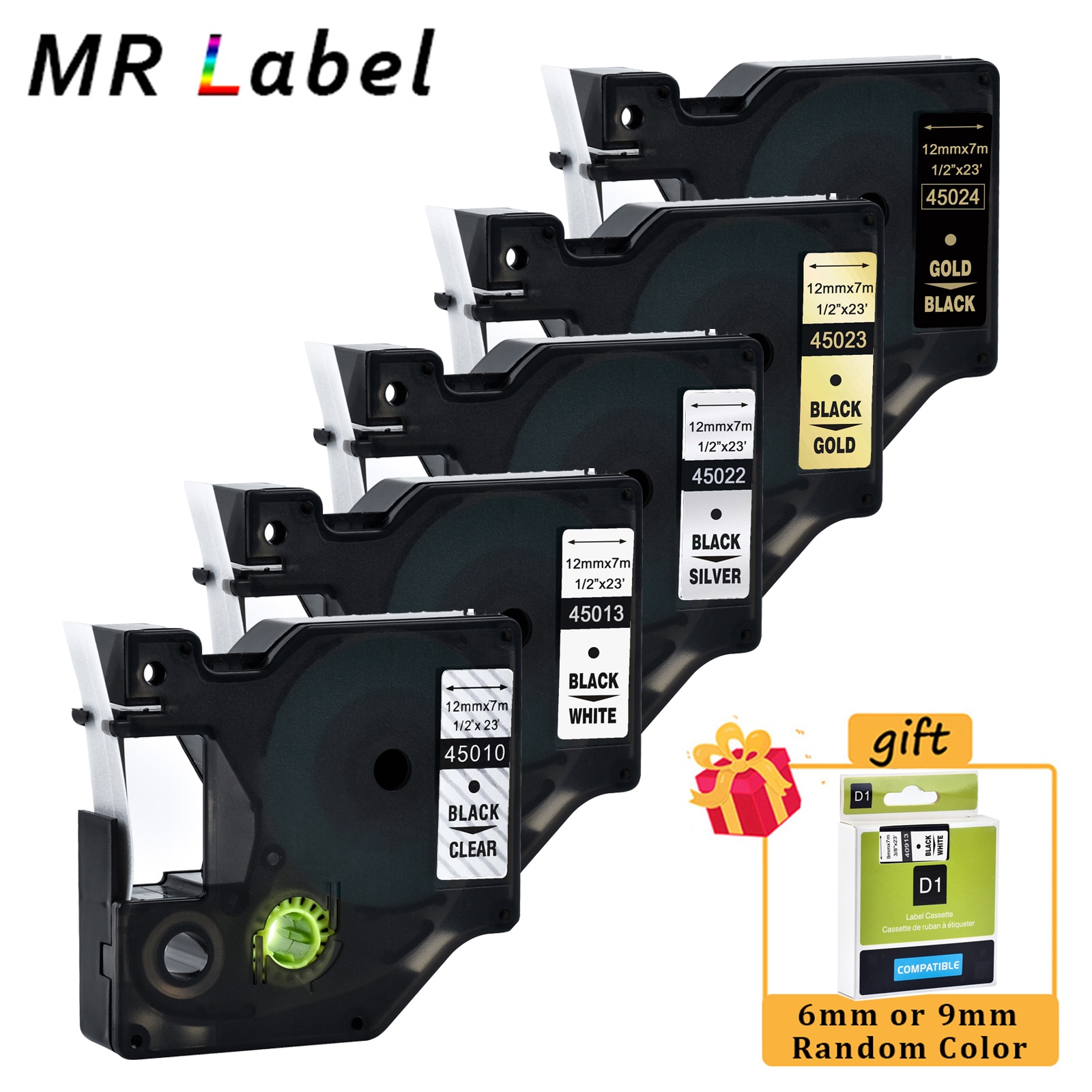 (with 1 Free Tape) 5pcs 12mm Tape for DYMO D1 Tape 45010 45013 45022 45023 45024 for DYMO Printer LabelManager 160 280 210D PnP