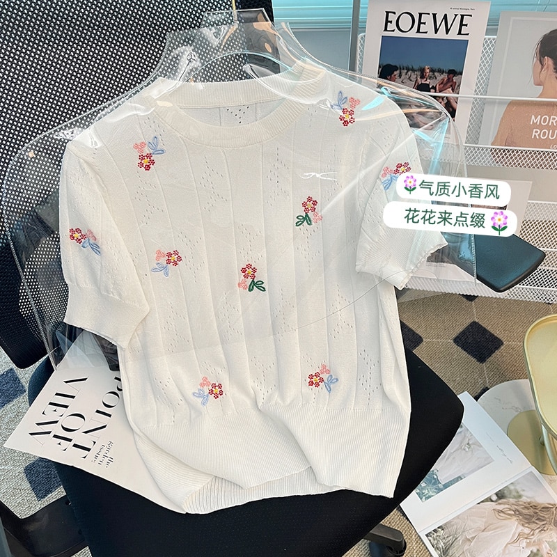 Flower Embroidery Hollow Out Knitted Short-sleeved Sweater Women's Pullover Summer New Design Loose Knitwear Top T-shirt Wo