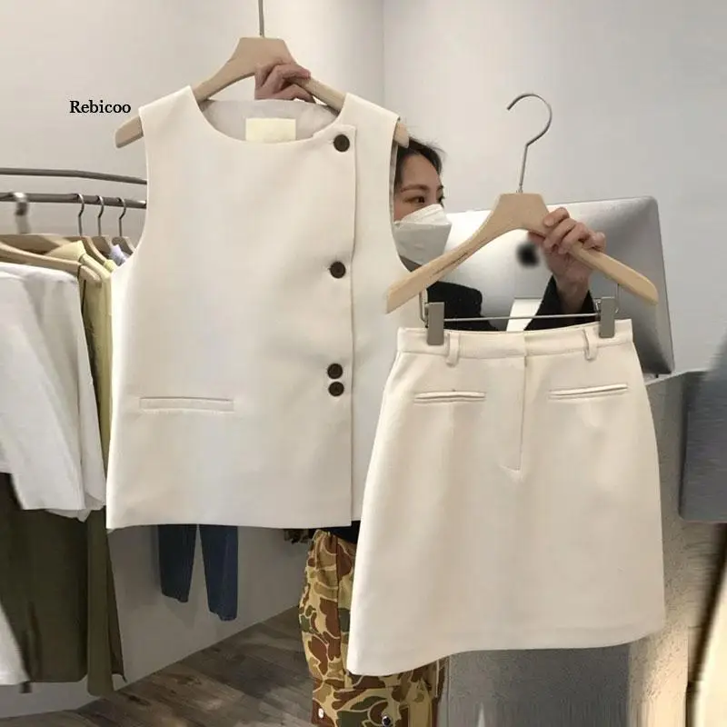 Above Knee Skirt Suits Fashion OL White Blazer Vest Women Jacket 2022 Summer Slim Elegant Two Piece Outfits Sets