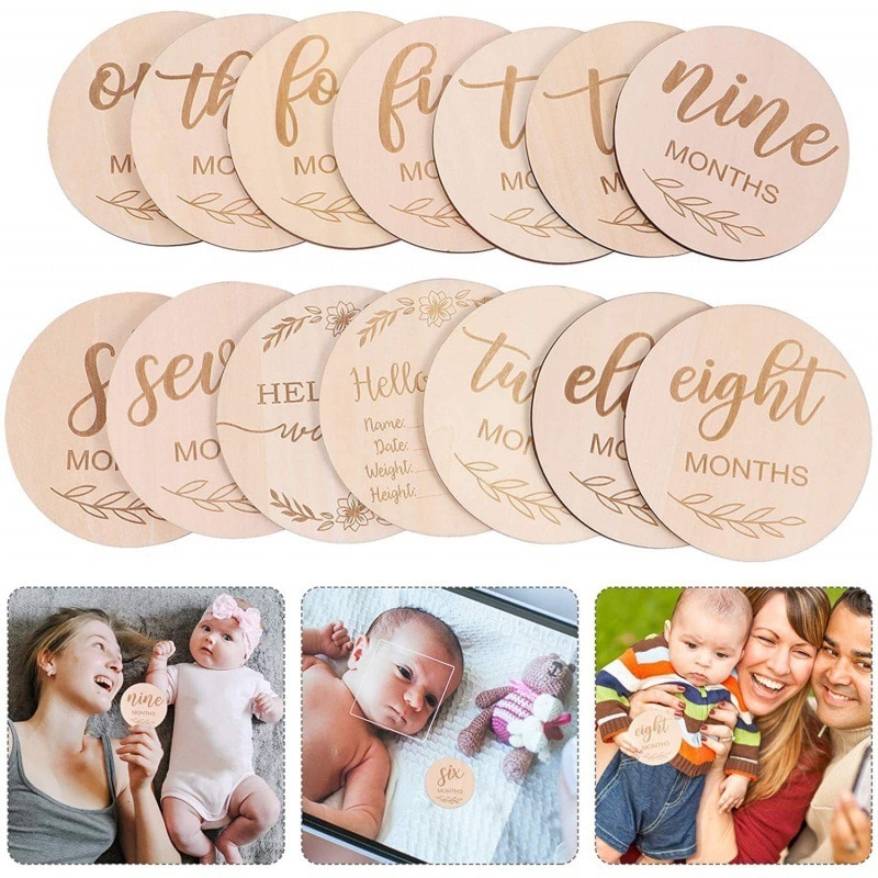 1set Baby Milestone Wooden Block Baby Photography Milestone Memorial Monthly Newborn Commemorative Card Number Photo Accessories