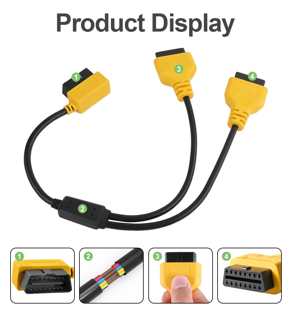 AUTOOL OBD2 Cable Connector Universal Car Adapter 1 to 2 Splitter Wire 16pin OBDII 50cm Male To Female Extension Cord Part Tool