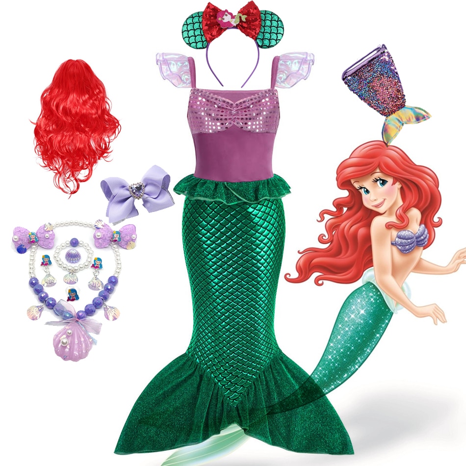 Little Mermaid Dress Disney Princess Cosplay Clothes Halloween Ariel Costume Child Birthday Surprise Gift Ruffles Sequin Frocks