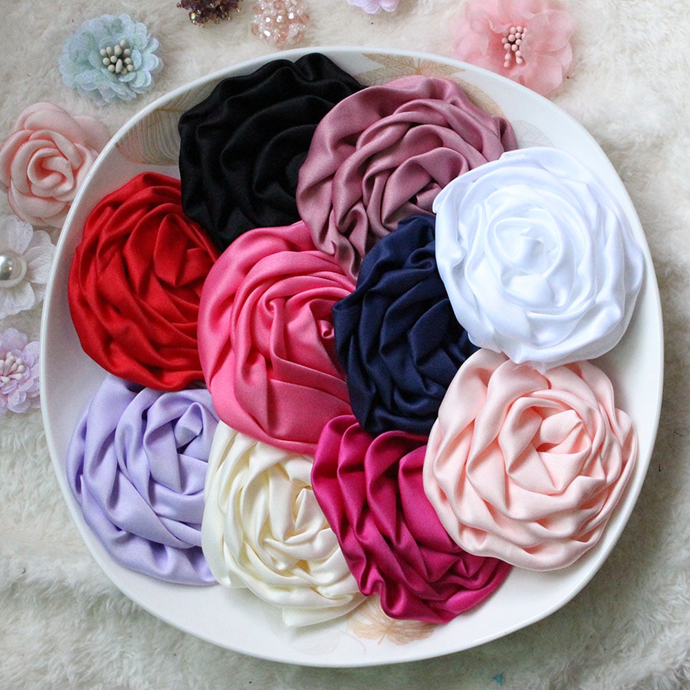 Bulk 10pcs/Lot 3.2 Inch Solid Satin Rolled Rosette 3D Handmade Flower Head Wedding Decoration Cloth Accessories