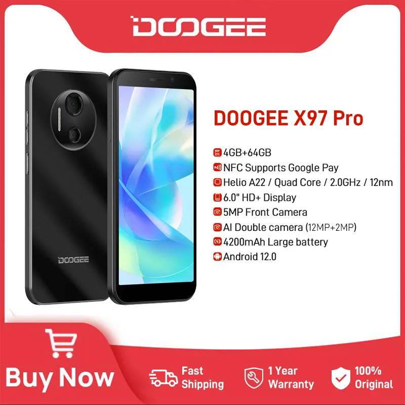 DOOGEE X97 Pro Smartphone 6.0"HD Display G25 Octa Core 4GB+64GB Cellhone 12MP Camera Support NFC 4200mAh Phone Android 12.0