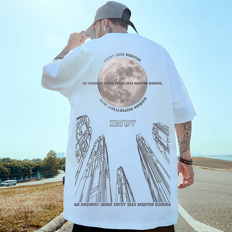 Men's Moon Print loose Oversized Tshirts Casual y2k Fashion Tops Couples Harajuku Tee Shirt Streetwear Hip Hop t shirt homm