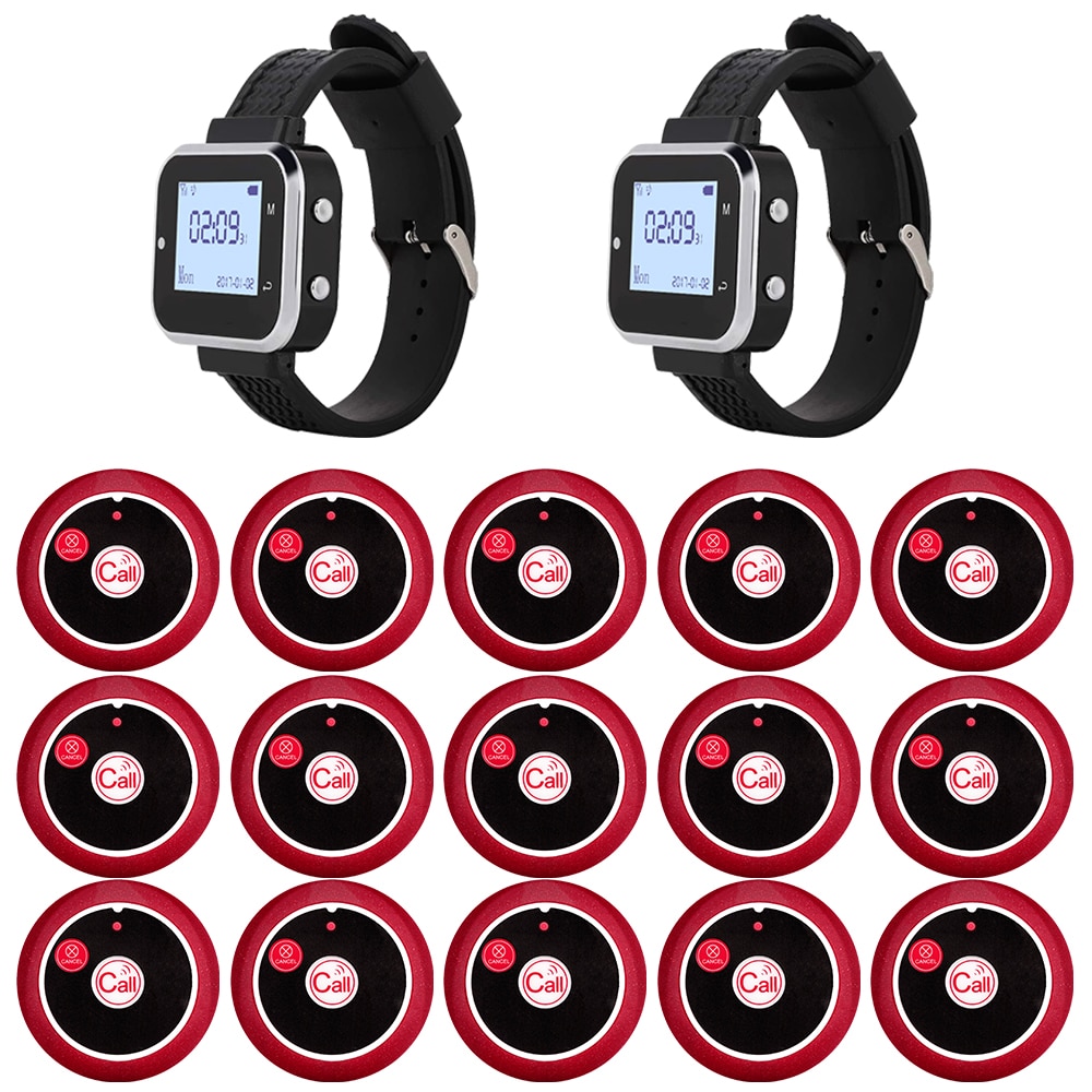 JINGLE BELLS 2 Wrist Watch Receiver 15 Waiter Table Button Wireless Calling Systems Transmitter for Restaurants Hotel Pager