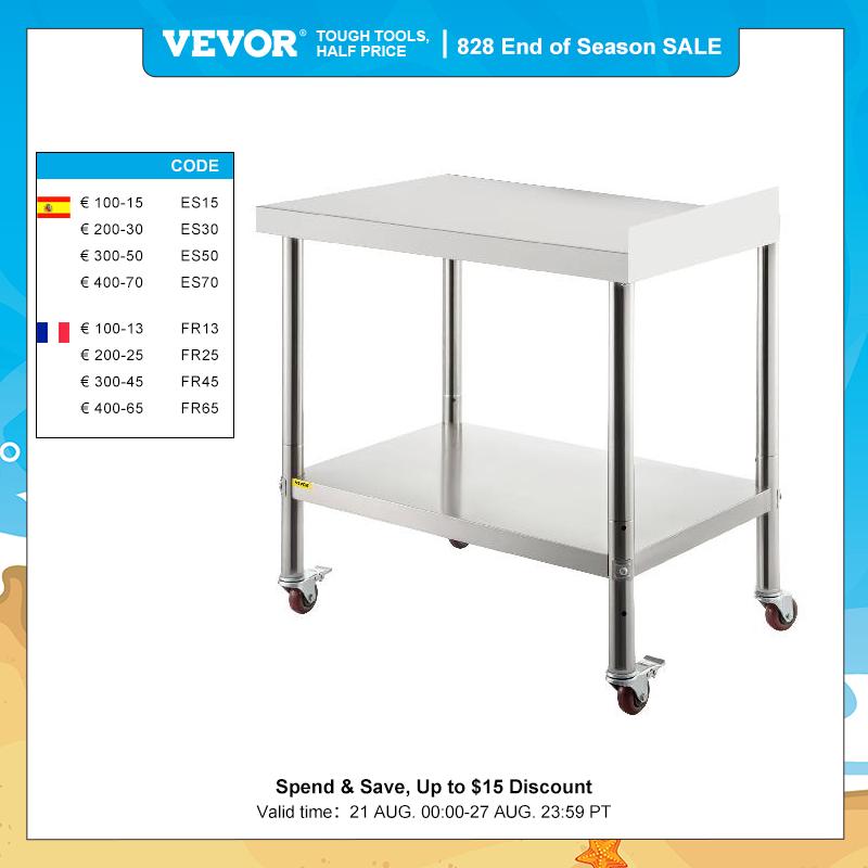 VEVOR Stainless Steel Work Prep Table 24 x 15 x 35/24 x 24 x 35/30 x 24 x 35/36 x 24 x 35 Inch 440lbs with Backsplash & Cast